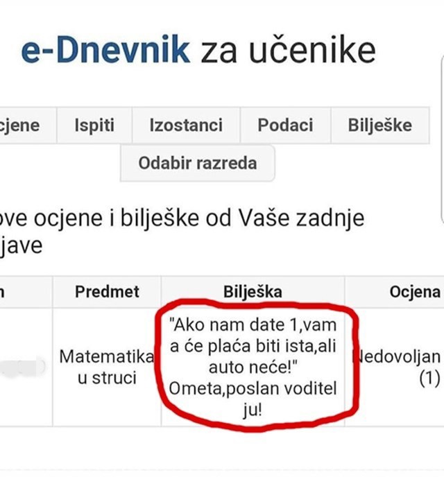 Bilješka iz e-Dnevnika: