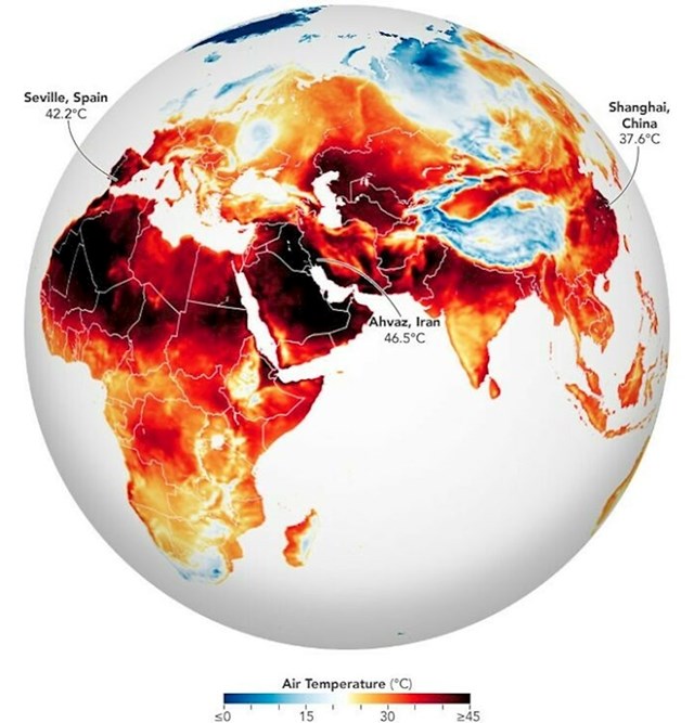 3. Mapa prikazuje toplinski val i požare koji su zahvatili Europu, Afriku i Aziju u ljeto 2022. godine