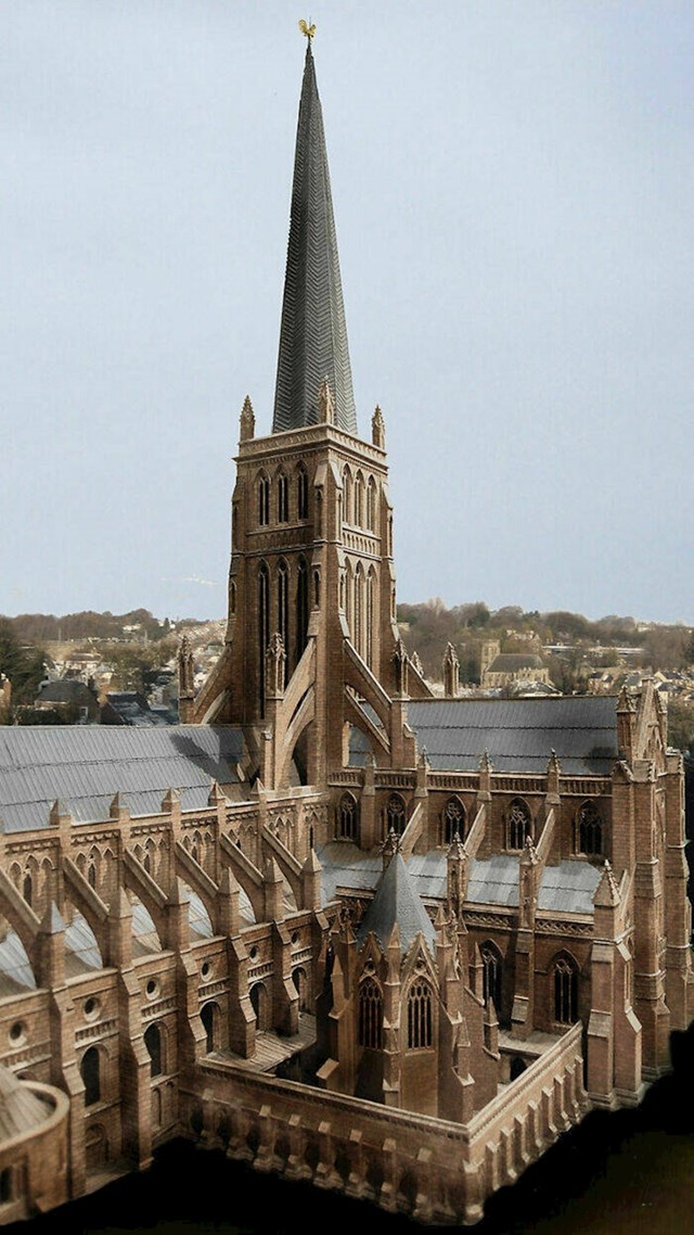 Digitalna rekonstrukcija stare katedrale sv. Pavla, koja se nalazila u Londonu. Dovršena je 1314., a uništena u Velikom požaru 1666.