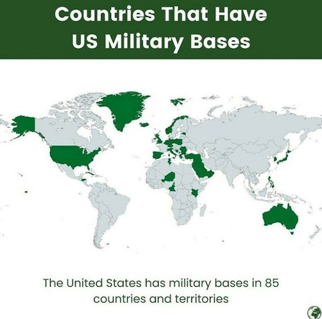 14. Mapa pokazuje u kojim se sve zemljama svijeta nalaze američke vojne baze