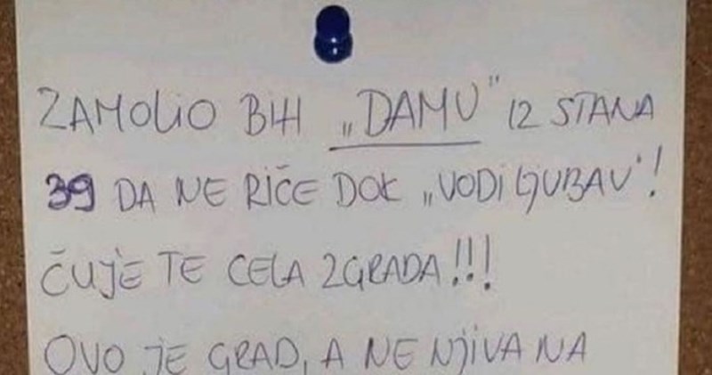 Susjedi su bijesni na stanarku zgrade zbog glasnog vođenja ljubavi, pogledajte što su joj napisali