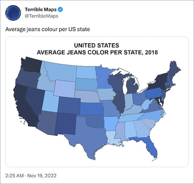 16. Prosječna boja traperica u pojedinim saveznim američkim državama