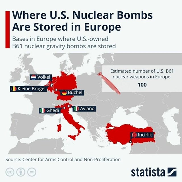 5. Mapa pokazuje gdje su u Europi pohranjene američke nuklearne bombe