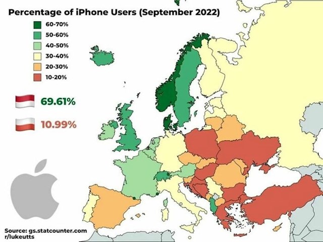 7. Mapa prikazuje postotak korisnika iPhone uređaja u Europi
