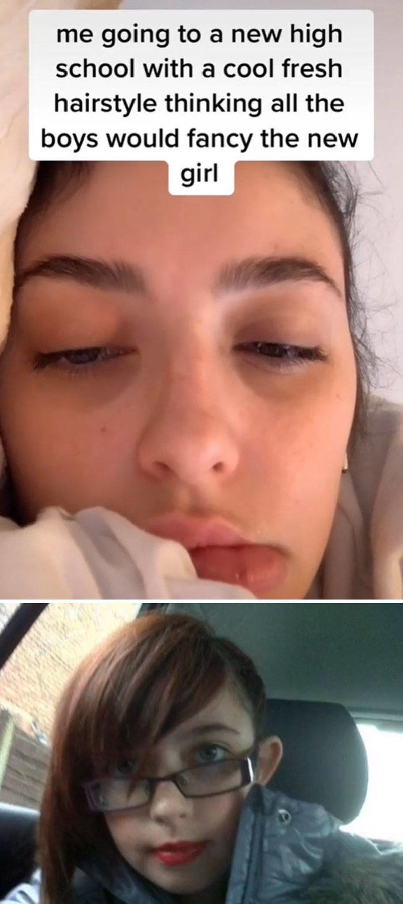 Fotka mene koja idem u novu školu sa svojom novom frizurom misleći da će se svim dečkima svidjeti nova cura