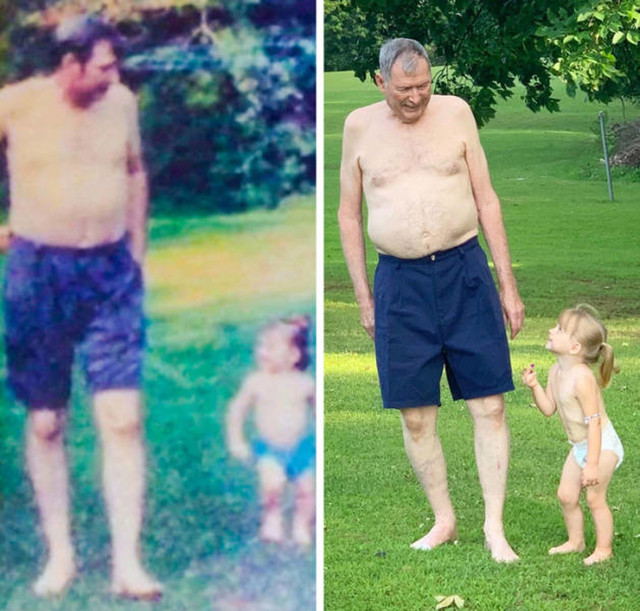Na prvoj slici su moj tata i kći 1996. godine. A na drugoj su moj tata i unuka jučer. Sviđa mi se kako smo ovo rekreirali, 23 godine kasnije. Bio je jako protiv da se to snimi dok nije vidio koliko je slatko ispalo.