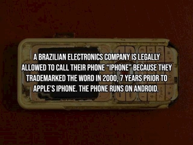 5. Elektroničkoj tvrtki iz Brazila pravno je dopušteno zvati svoje mobitele "Iphone". To je zato što su patetnirali tu riječ još 2000. godine, 7 godina prije Applea. Njihovi mobiteli su androidi.