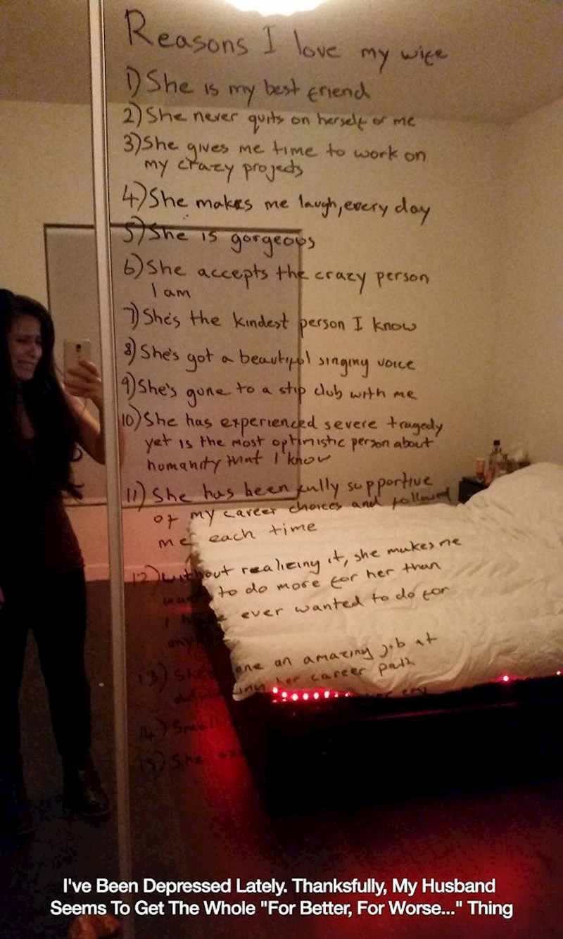 3. Žena je bila depresivna zadnje vrijeme pa joj je muž na ogledalo napisao razloge zašto ju voli