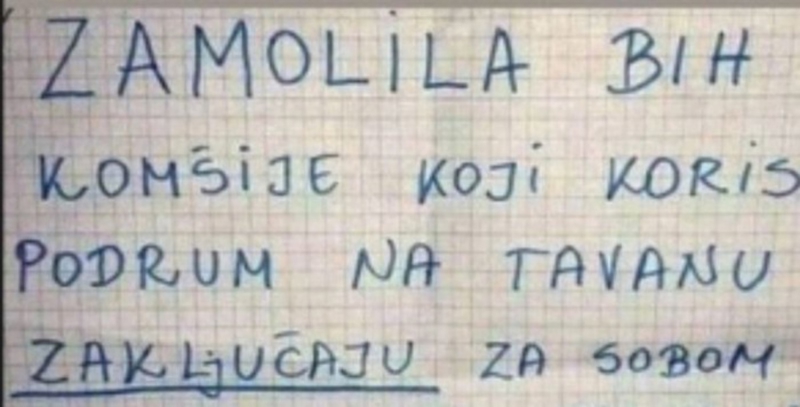 Žena je ostavila obavijest u kojoj moli susjede da zaključavaju tavan, razlog je urnebesan
