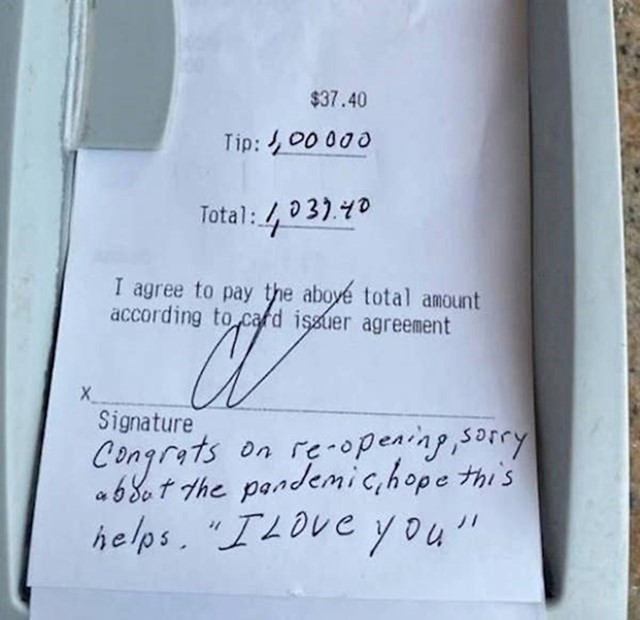 Prva mušterija nakon ponovnog otvaranja restorana ostavila je napojnicu od tisuću dolara