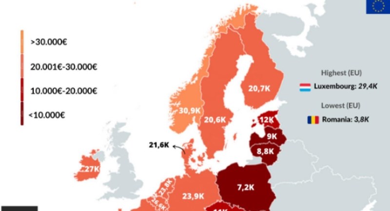 Mapa pokazuje koliko prosječno zarađuju mladi ljudi u raznim europskim državama, pogledajte Hrvatsku