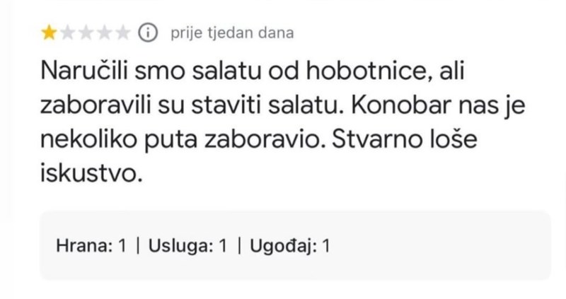 Turist se požalio da u salati od hobotnice nije bilo salate, odgovor vlasnika iz Dalmacije je hit
