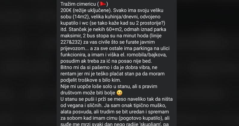Zagrepčanin je odlučio pronaći cimericu i postavio neobične uvjete, kaže da ih 2% ljudi zadovoljava