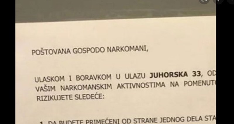 "Poštovana gospodo narkomani"...urnebesna poruka iz beogradske zgrade oduševila internet