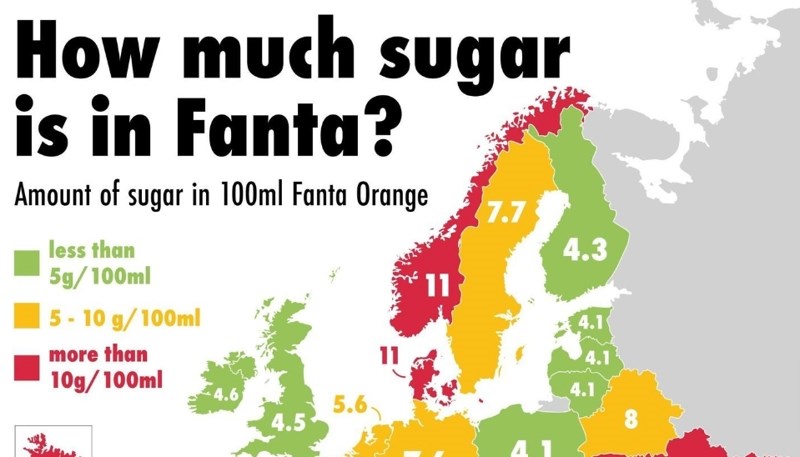 Mapa pokazuje koliko se šećera nalazi u boci Fante u EU državama, iznenadit će vas Hrvatska