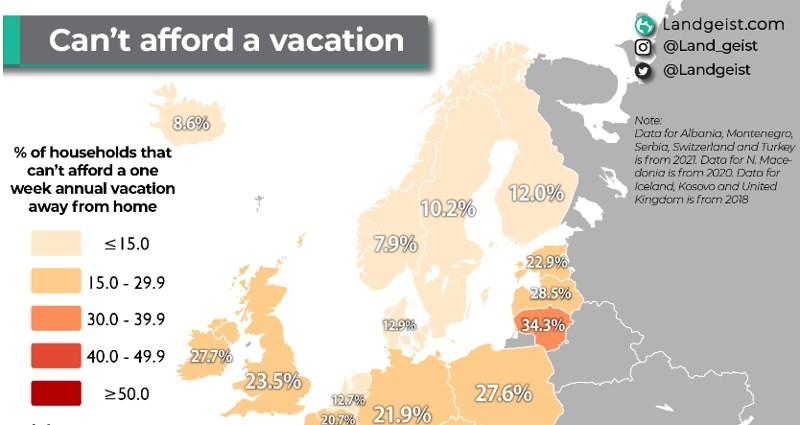 Mapa prikazuje postotak ljudi u EU državama koji ne mogu priuštiti godišnji, pogledajte Hrvatsku!