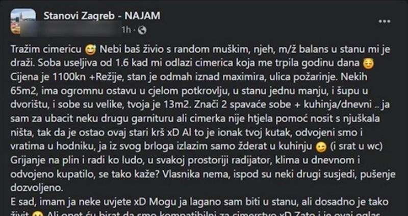 Tip iz Zagreba traži cimericu, ekipa je apsolutno oduševljena iskrenim oglasom