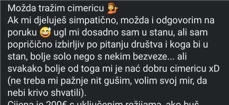 Zagrepčanin je objavio oglas da traži cimericu, ljudi ne mogu vjerovati što je sve napisao