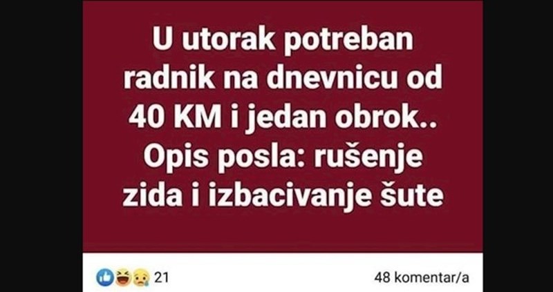Netko je u BiH objavio oglas da traži radnike, tip u komentaru je nasmijao čitav Facebook