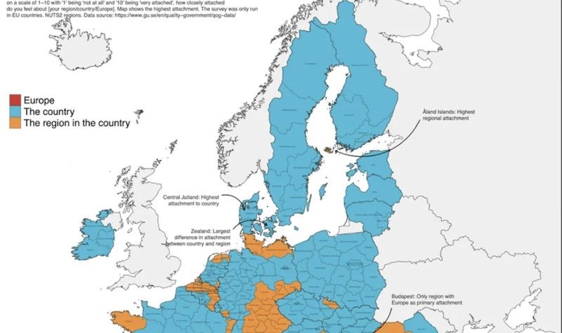 Mapa pokazuje gdje su ljudi privrženiji državi, a gdje regiji u kojoj žive. Hrvatska je zanimljiva!