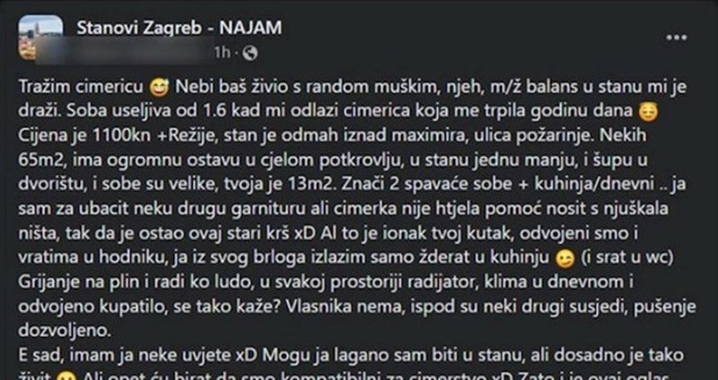 Tip iz Zagreba traži cimericu, ekipa je apsolutno oduševljena iskrenim oglasom