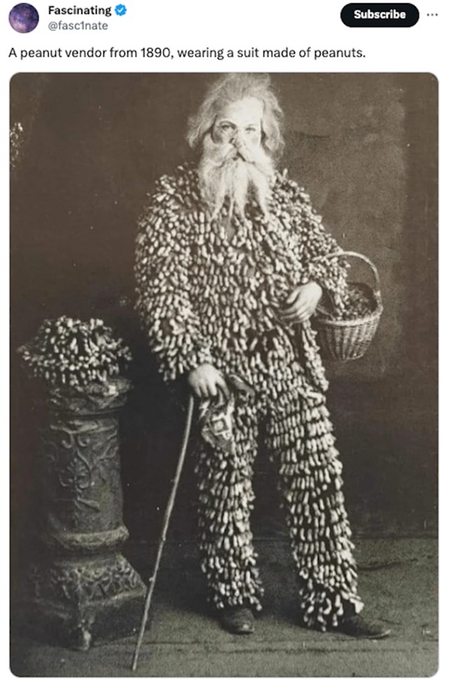 Prodavač kikirikija u odijelu od kikirikija, 1890. godina