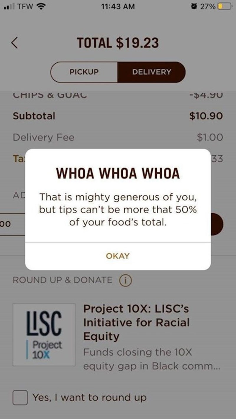 Ne želi mu prihvatiti narudžbu jer želi dati preveliku napojnicu