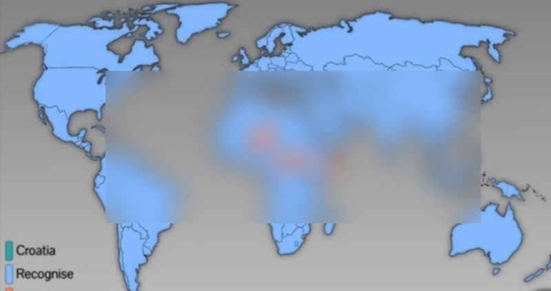 Mapa prikazuje sve države koje još uvijek nisu priznale neovisnost Hrvatske