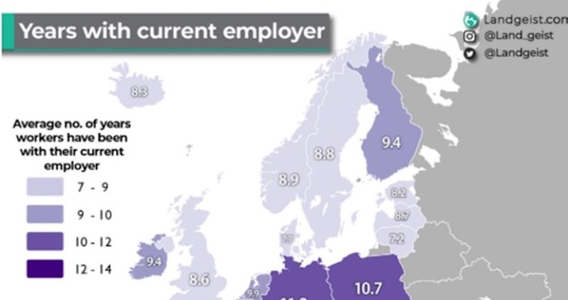 Mapa prikazuje koliko dugo ljudi u EU državama ostaju na istom poslu, iznenadit će vas Hrvatska