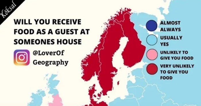 Mapa pokazuje gdje će vam ponuditi hranu kad dođete u goste, a gdje ne. Pogledajte Hrvatsku