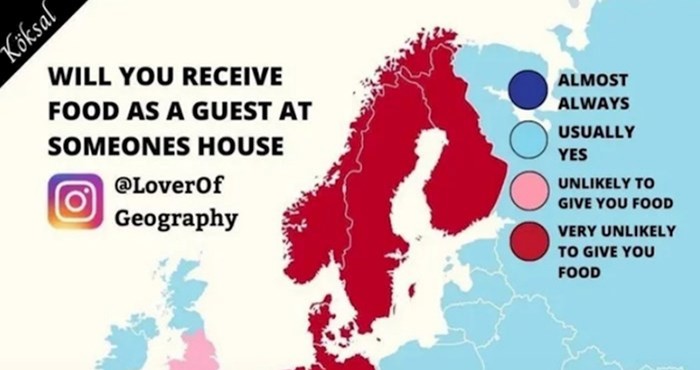Mapa pokazuje gdje će vam ponuditi hranu kad dođete u goste, a gdje ne. Pogledajte Hrvatsku