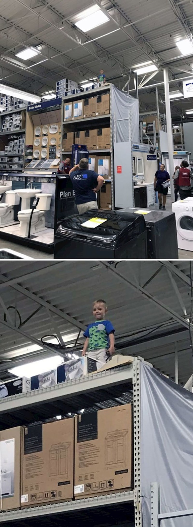 Čuli smo kako klinac u dućanu doziva tatu, ali nismo vidjeli gdje je, kad odjednom pogledamo prema gore, a on veselo maše