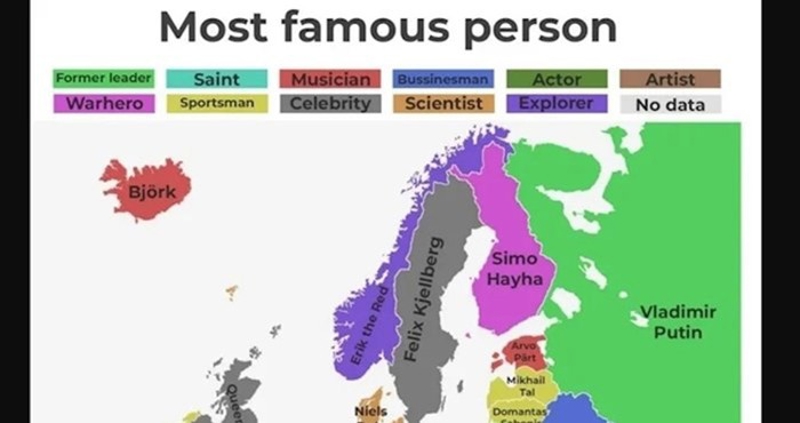 Mapa prikazuje najpoznatiju osobu iz svake europske države, pogađate tko je najpoznatiji Hrvat?