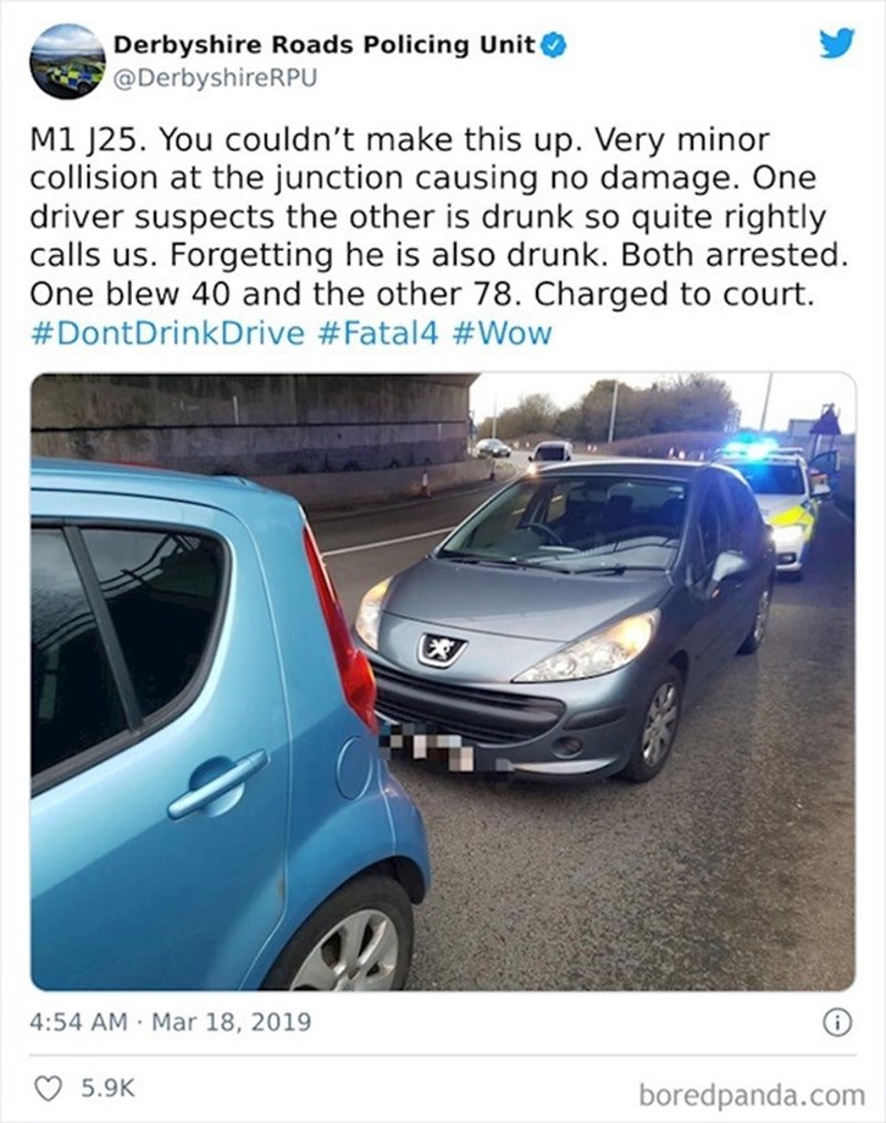 Zvao je policiju zbog manje nesreće jer je tip koji ga je udario pijan. Zaboravio da je i sam pijan