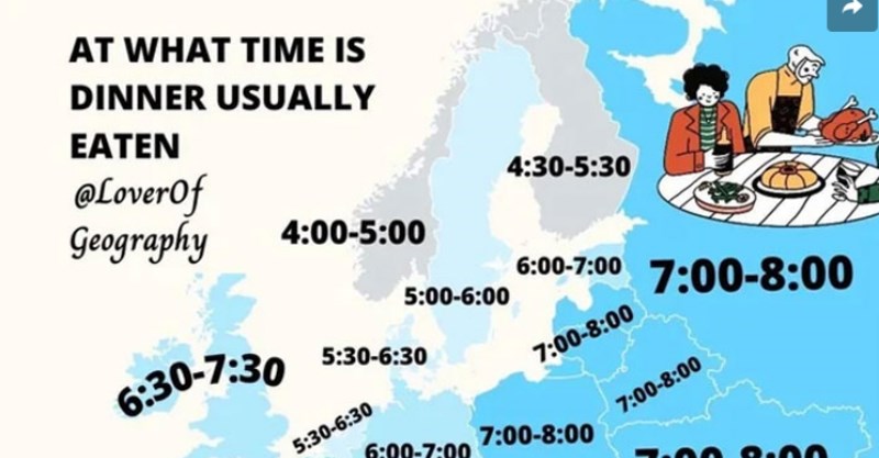 Mapa pokazuje kad je u raznim zemljama normalno vrijeme za večeru, ljudi su šokirani razlikama