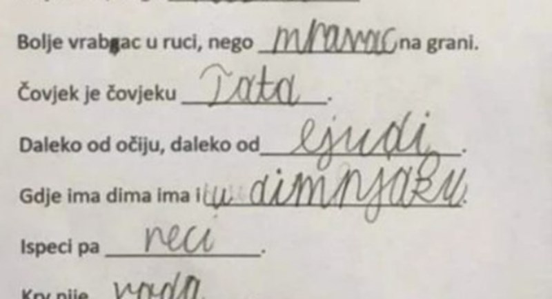 Dječak je trebao dovršiti poznate poslovice, učiteljica je morala slikati te legendarne odgovore
