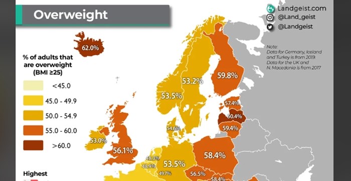 Mapa pokazuje postotak ljudi s viškom kilograma u EU država, Hrvatska je jako zanimljiva