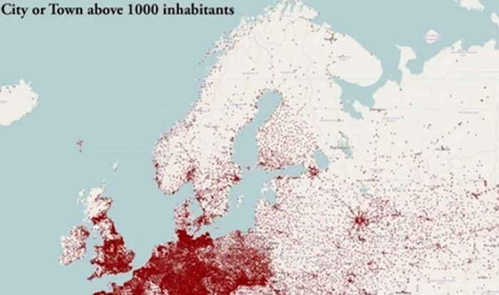 Mapa pokazuje sva mjesta u Europi s više od tisuću stanovnika, pogledajte Hrvatsku