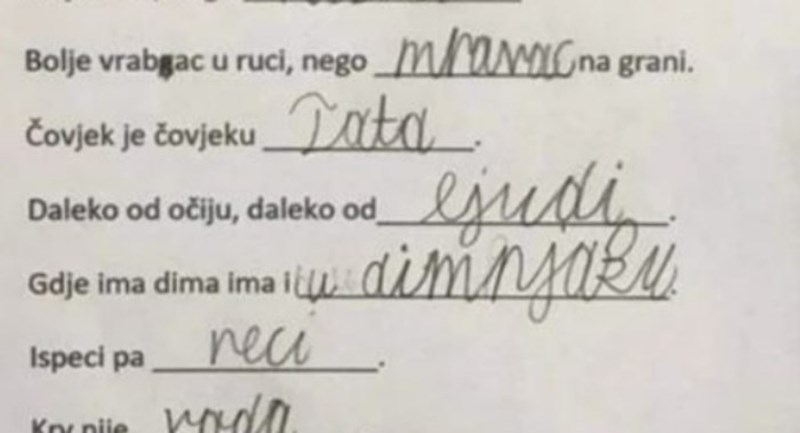 Dječak je trebao dovršiti poznate poslovice, učiteljica je morala slikati te legendarne odgovore