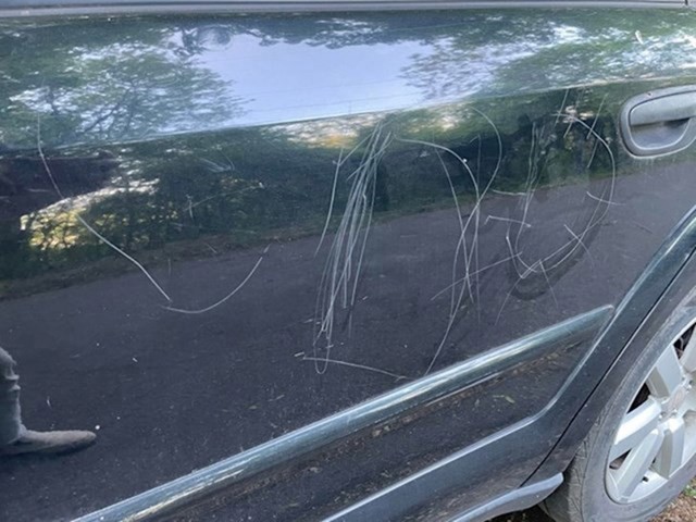 Odlučio nam je nacrtati lijepi crtež.. kamenom.. na automobilu..