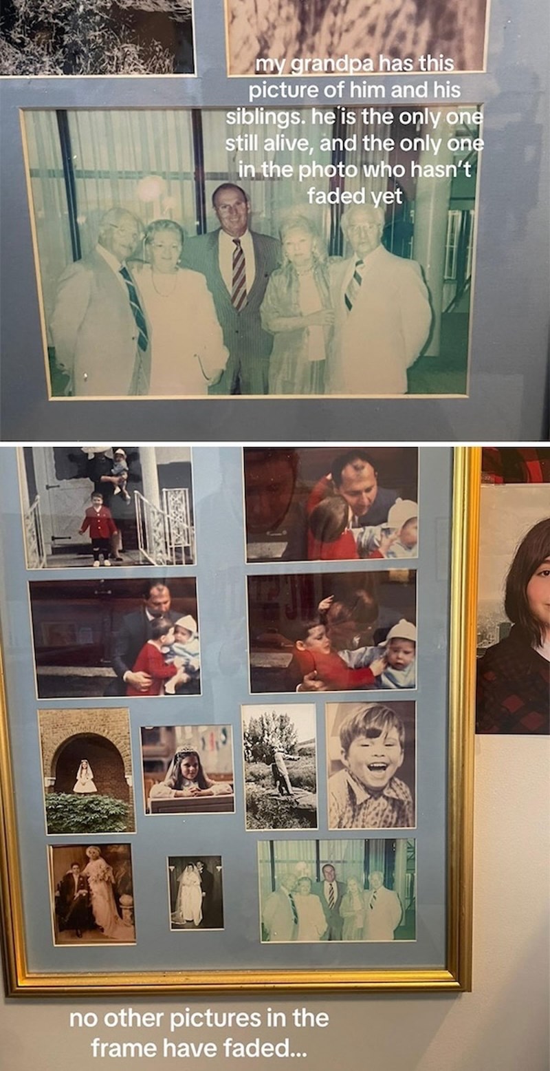 Moj djed je na slici s rođacima. On je jedini još uvijek živ i jedini koji nije izblijedio na slici