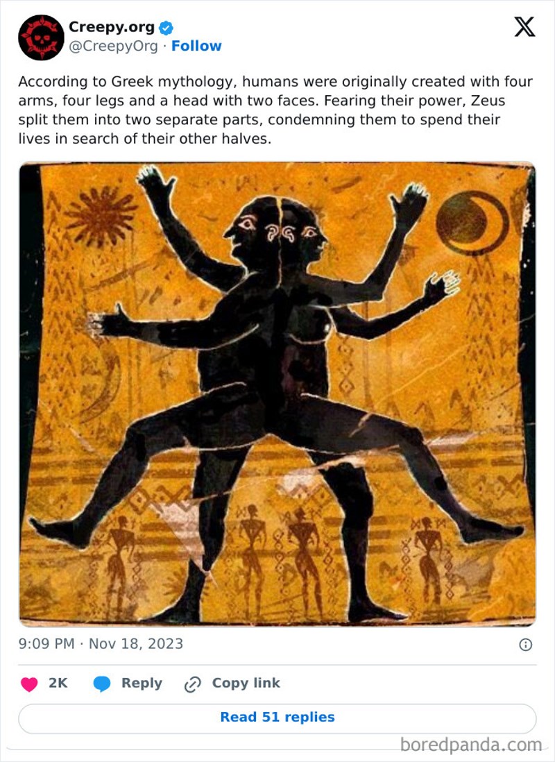 Prema grčkoj mitologiji - ljudi su stvoreni s dvije glave i osam udova