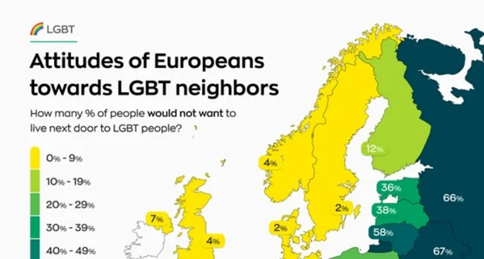 Mapa pokazuje postotak EU građana koji ne bi voljeli imati gay osobu za susjeda, pogledajte Hrvatsku