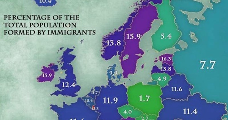 Mapa prikazuje postotak populacije zemlje koju čine imigranti, iznenadit će vas Hrvatska