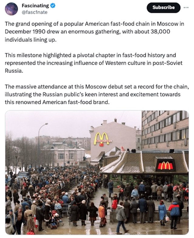Otvorenje McDonald'sa u Moskvi 1990. godine. U redu je bilo 38.000 ljudi
