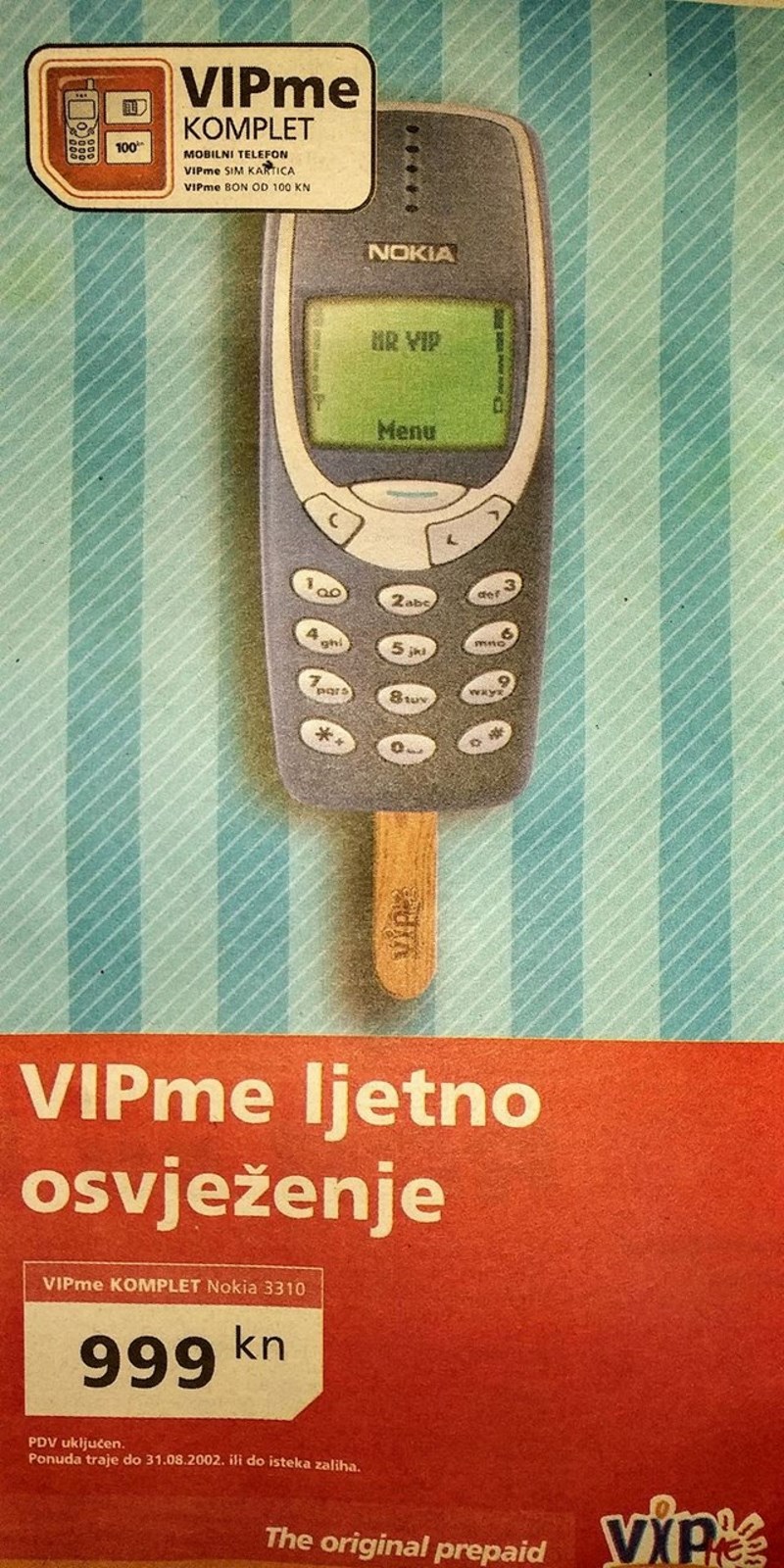 Nismo sigurni kad je točno ovaj oglas objavljen, 2001. ili 2002. godine, ali sigurni smo da ova legendarna Nokija još uvijek negdje stoji upaljena sa 60% baterije :D  Akcijska ponuda jako je zanimljiva, a mnogi su primijetili kako mobiteli prije 20 godina nisu bili nimalo jeftini. Tako je ovaj 3310 model koštao čak 999 kuna što je, kada se u obzir uzme inflacija i standard iz ranih dvijetisućitih - prilična cifra.