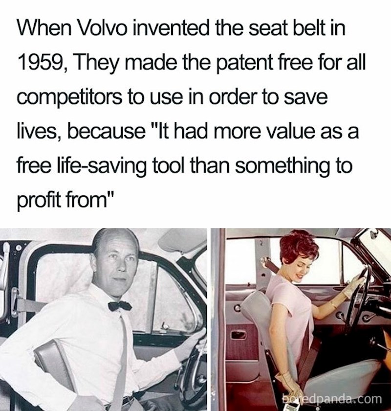 Volvo je 1959. izumio sigurnosni pojas, a patent nije zaštitio jer im je važnija bila sigurnost ljudi nego zarada