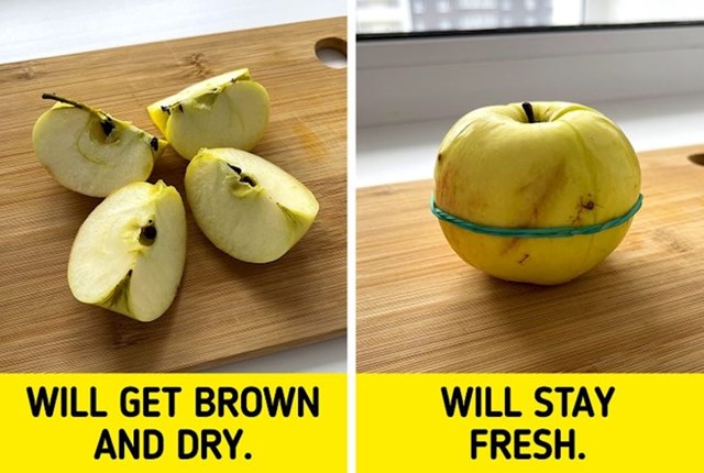 Ako ste već narezali jabuku, a ne možete ju cijelu pojesti, zavežite ju gumicom kao na slici. Naravno da ju takvu ne možete ostaviti danima, ali će biti nepromijenjenog okusa ako ju odlučite pojesti do kraja nakon nekoliko sati!