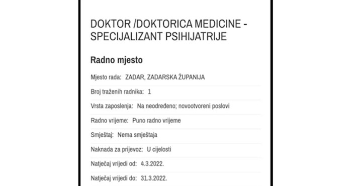 Oglas za specijalizanta psihijatrije postao je hit zbog apsurdnog prohtjeva bolnice, morate vidjeti