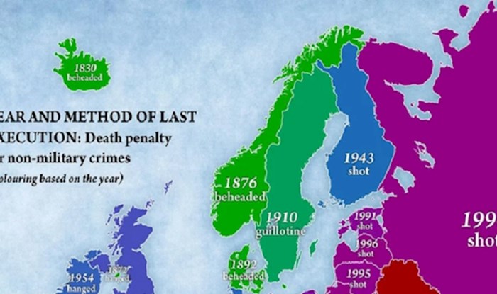 Karta prikazuje godine i način izvršenja posljednjih smrtnih kazni u Europi, pogledajte Hrvatsku
